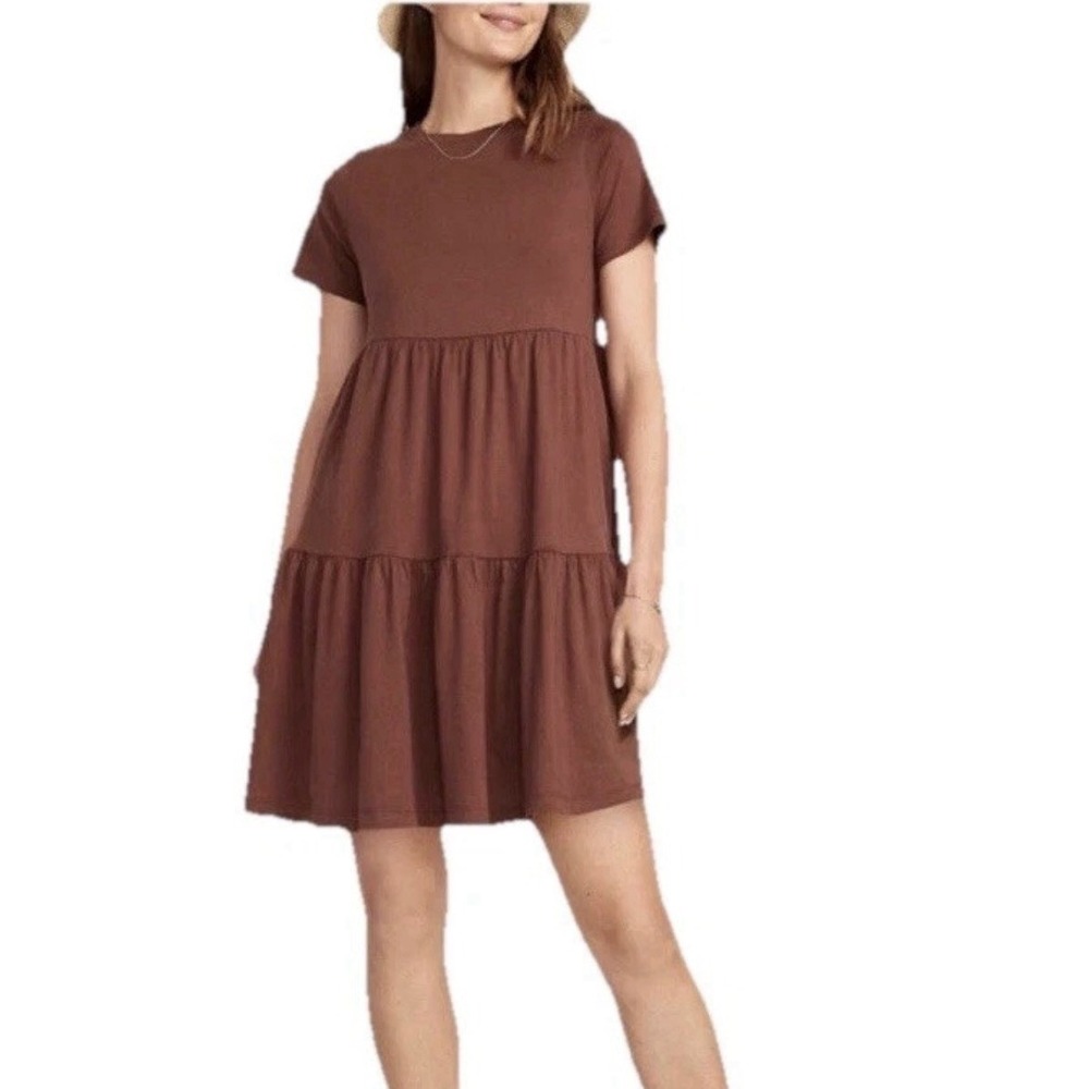 Old Navy Women's Tall Sz L Brown Short Sleeve w/Pockets Tiered Mini Swing Dress